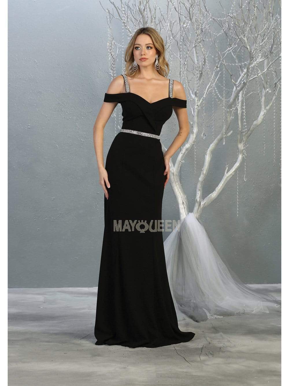 May Queen - MQ1765 Embellished Off-Shoulder Sheath Dress Prom Dresses 4 / Black