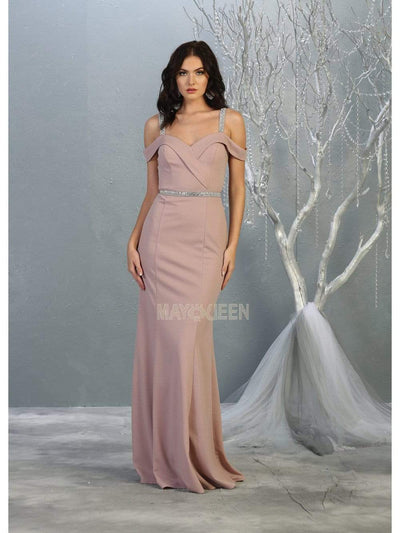 May Queen - MQ1765 Embellished Off-Shoulder Sheath Dress Prom Dresses 4 / Dusty-Rose