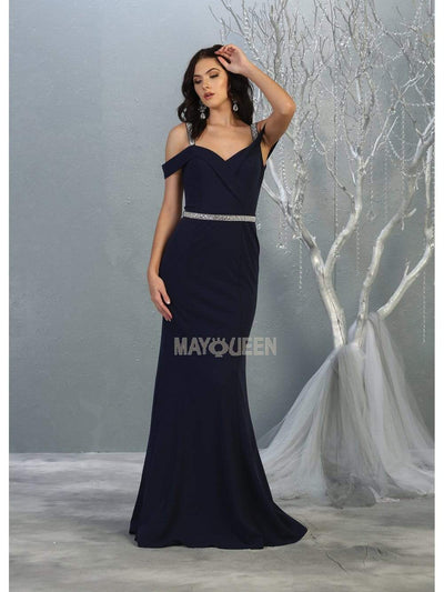 May Queen - MQ1765 Embellished Off-Shoulder Sheath Dress Prom Dresses 4 / Navy