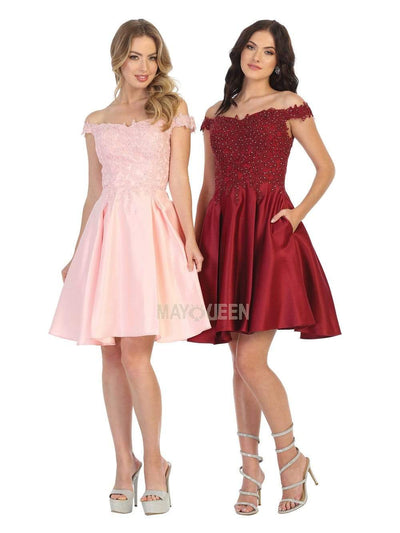 May Queen - MQ1766 Off Shoulder Beaded Lace Satin Cocktail Dress Homecoming Dresses 2 / Burgundy