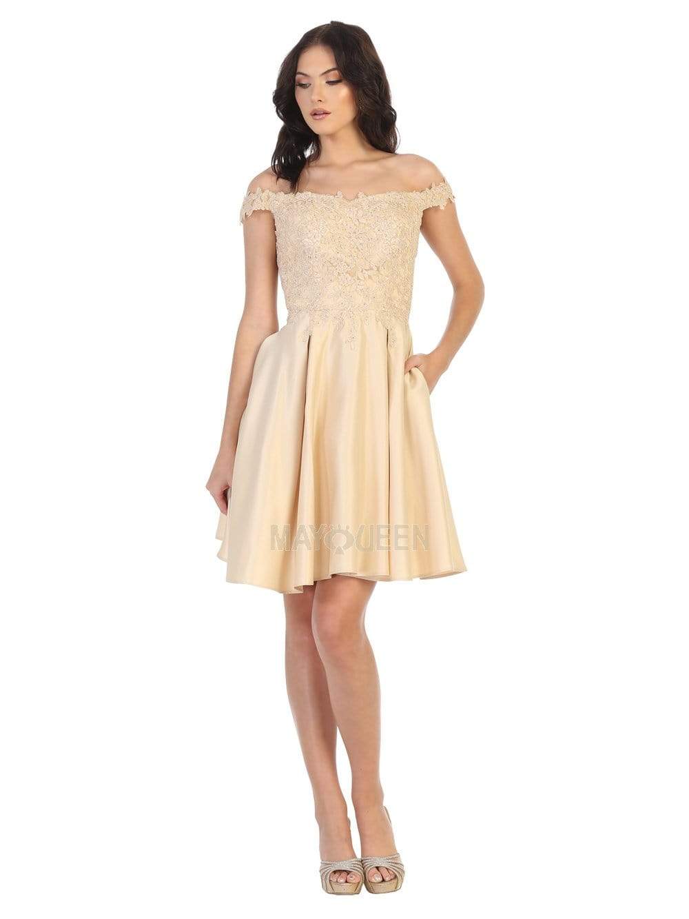 May Queen - MQ1766 Off Shoulder Beaded Lace Satin Cocktail Dress Homecoming Dresses 2 / Champagne