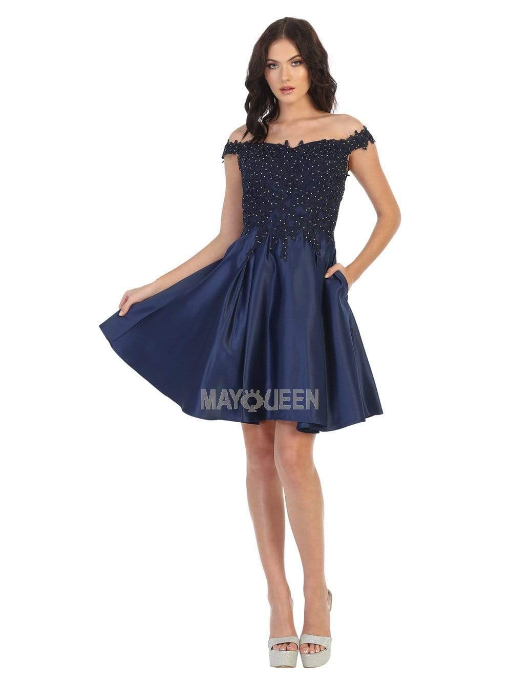 May Queen - MQ1766 Off Shoulder Beaded Lace Satin Cocktail Dress Homecoming Dresses 2 / Navy