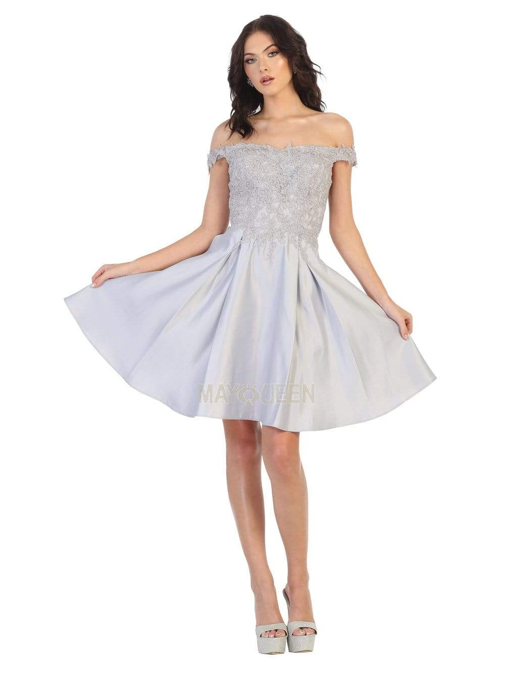 May Queen - MQ1766 Off Shoulder Beaded Lace Satin Cocktail Dress Homecoming Dresses 2 / Silver