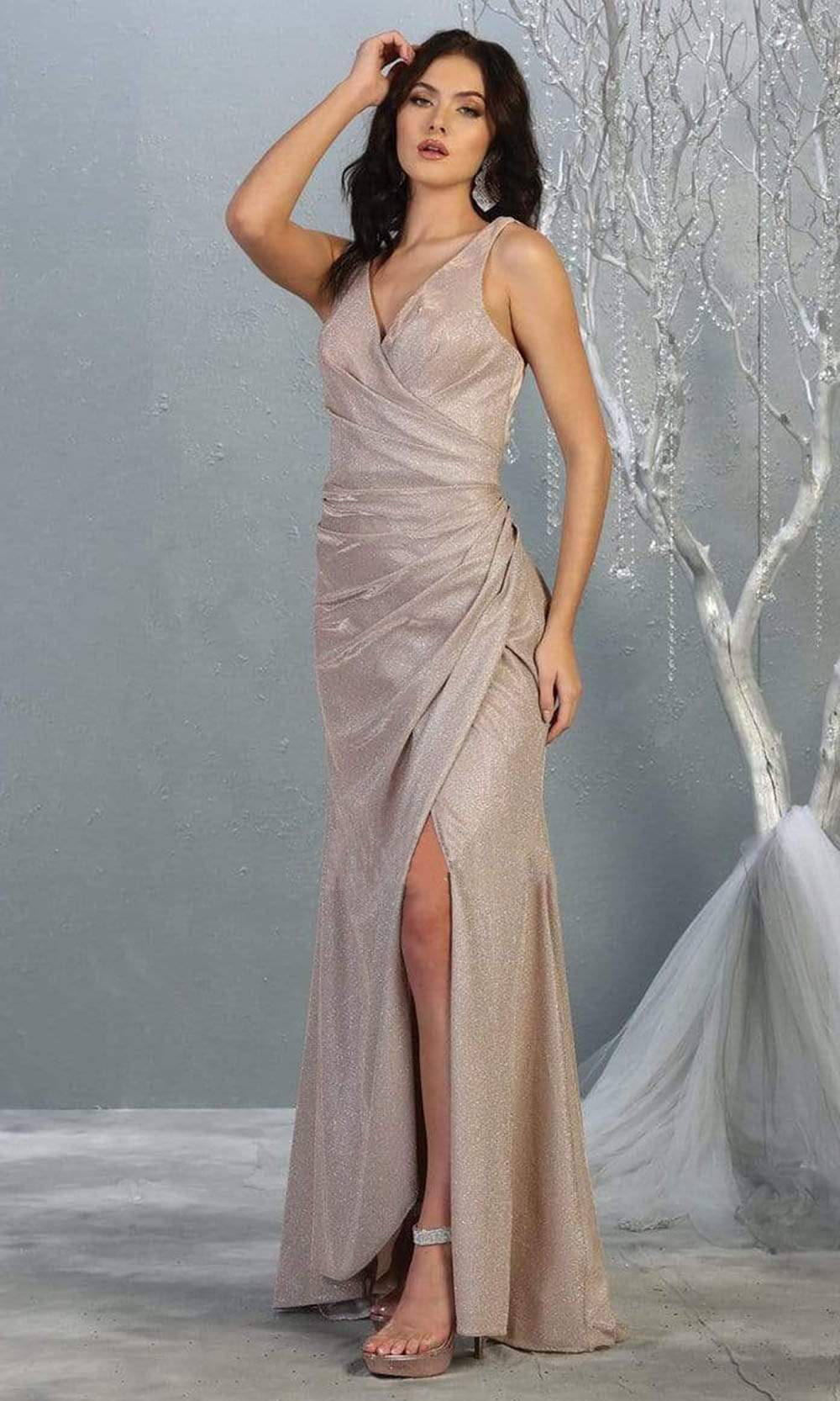 May Queen - MQ1768 Pleat-Ornamented Metallic High Slit Dress Evening Dresses 4 / Rose Gold