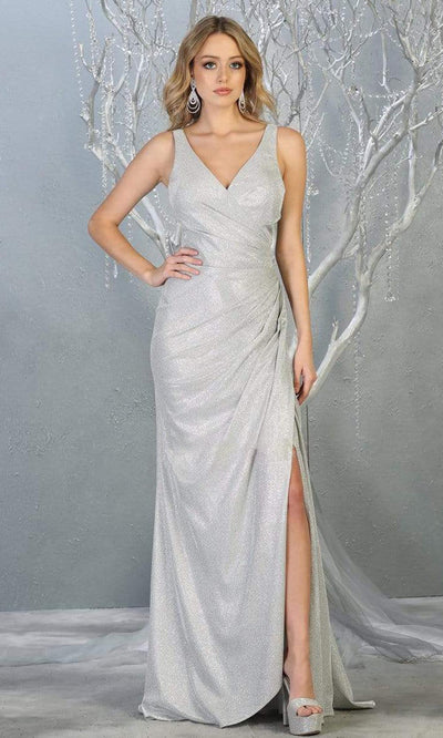 May Queen - MQ1768 Pleat-Ornamented Metallic High Slit Dress Evening Dresses 4 / Silver