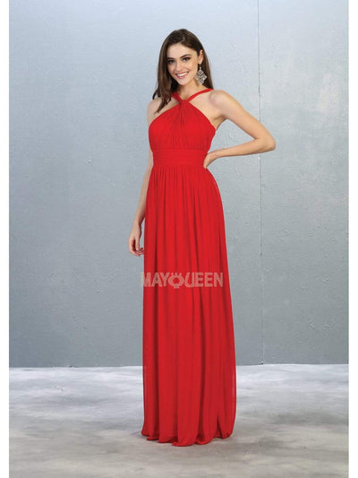 May Queen - MQ1769 Halter Neck Ruched Chiffon Long Formal Gown Bridesmaid Dresses 2 / Red