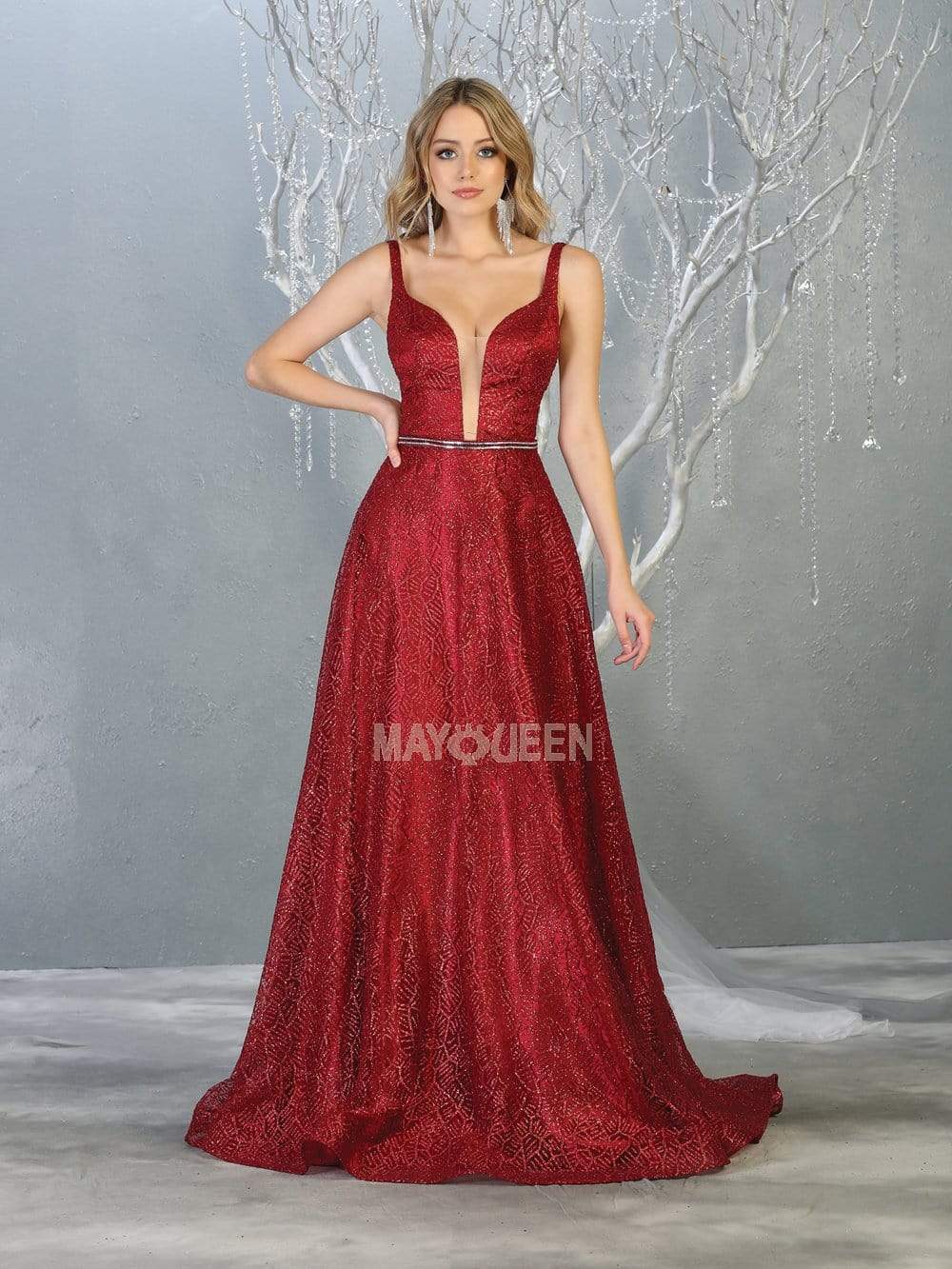 May Queen - MQ1771 Glitter Embellished Plunging Sweetheart Dress Prom Dresses 4 / Burgundy