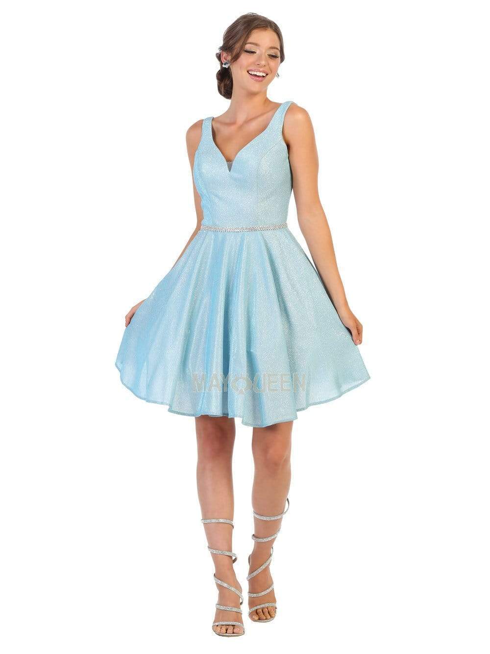 May Queen - MQ1777 Sleeveless V-Neck Glitter A-Line Dress Cocktail Dresses 2 / Baby Blue