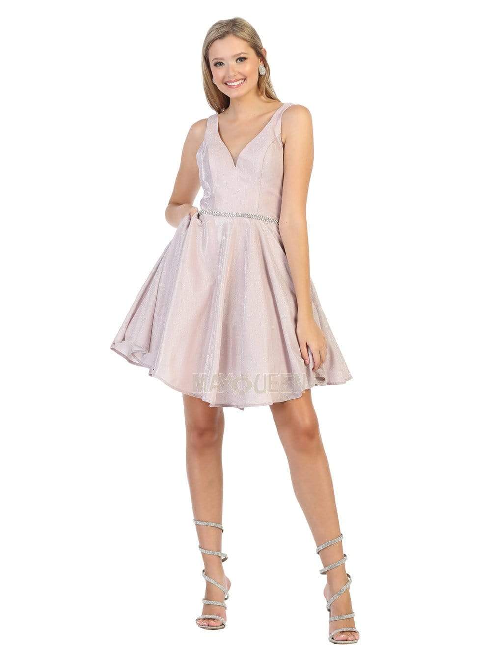 May Queen - MQ1777 Sleeveless V-Neck Glitter A-Line Dress Cocktail Dresses 2 / Pink