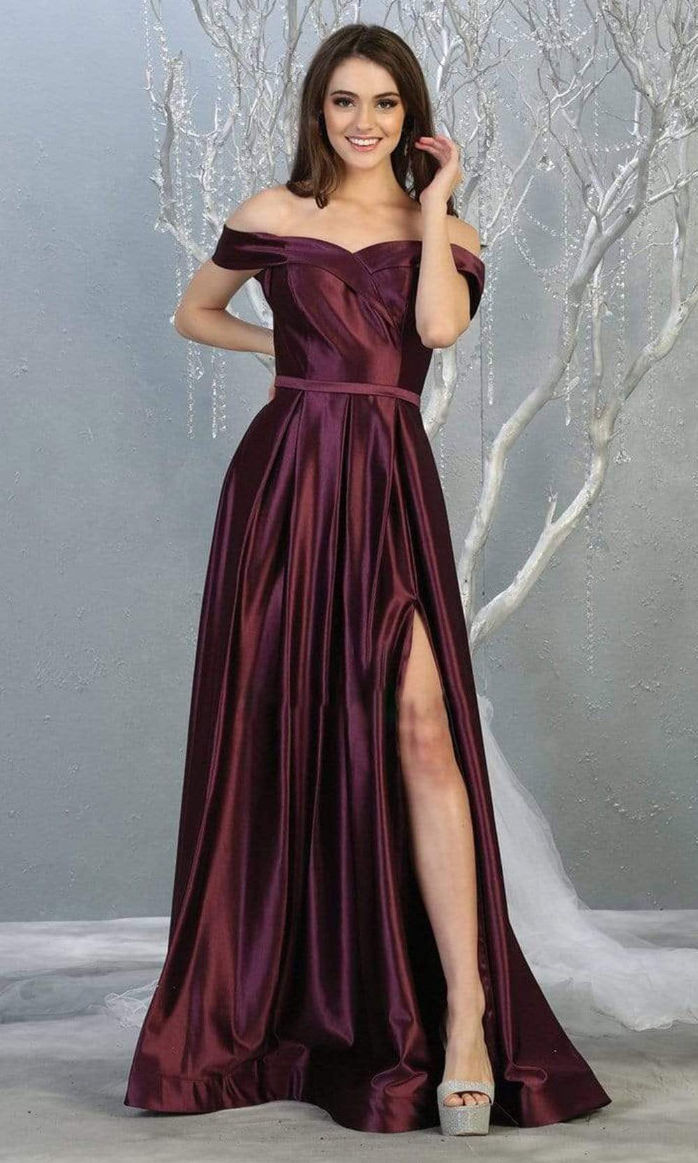 May Queen - MQ1781SC Metallic Pleated Slit A-line Gown In Purple and Black