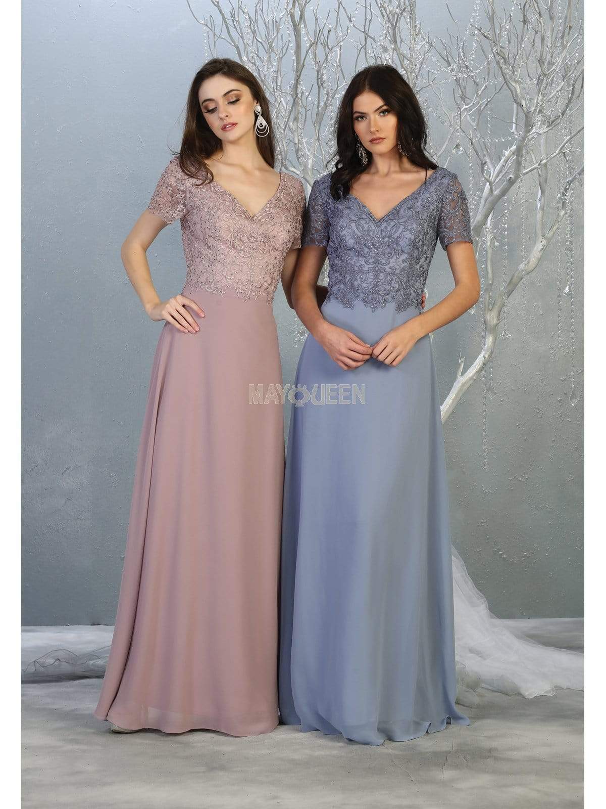 May Queen - MQ1782 Short Sleeve Appliqued V-Neck Long Dress Evening Dresses