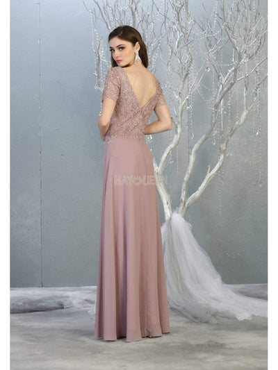 May Queen - MQ1782 Short Sleeve Appliqued V-Neck Long Dress Evening Dresses