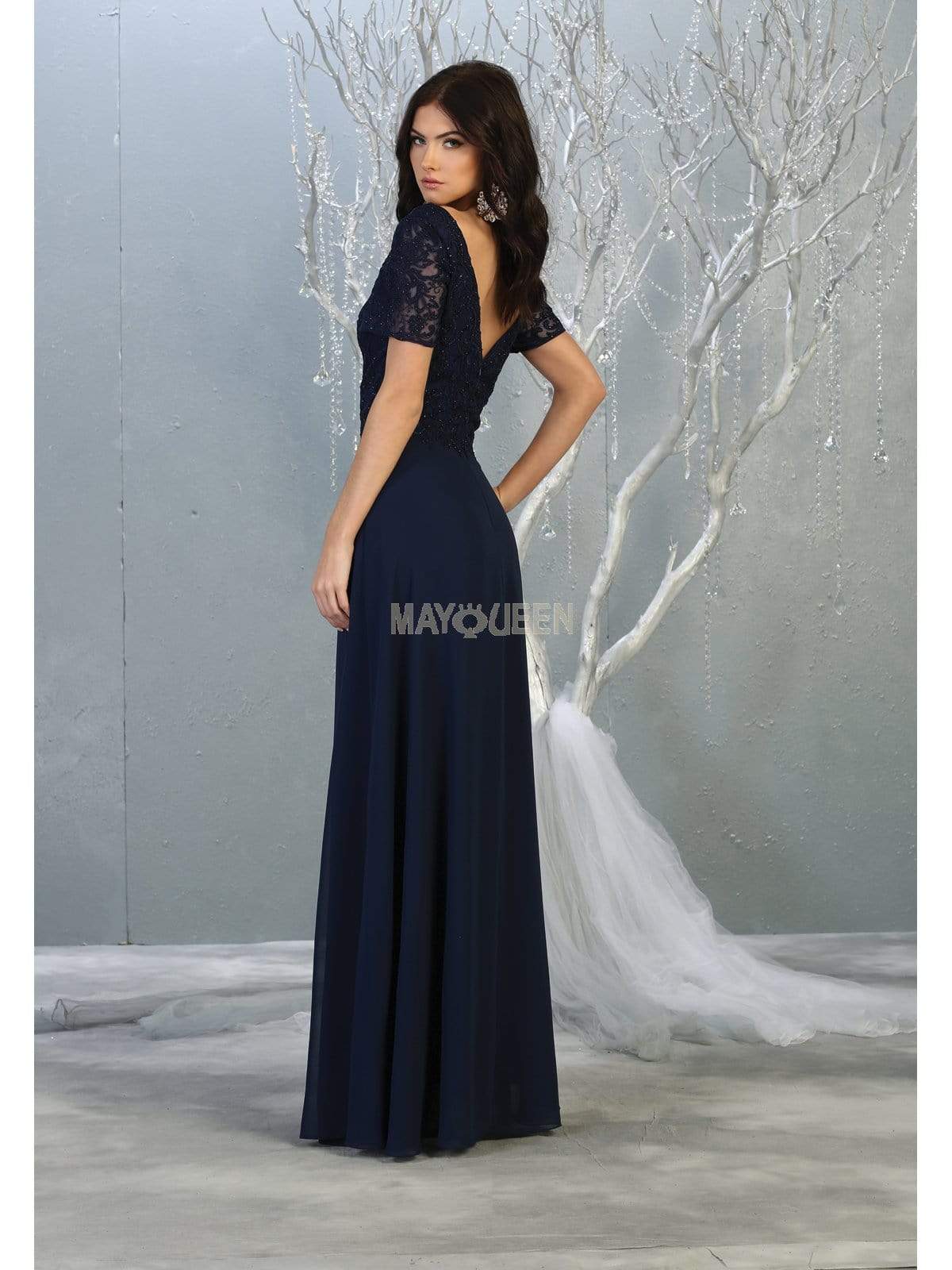 May Queen - MQ1782 Short Sleeve Appliqued V-Neck Long Dress Evening Dresses