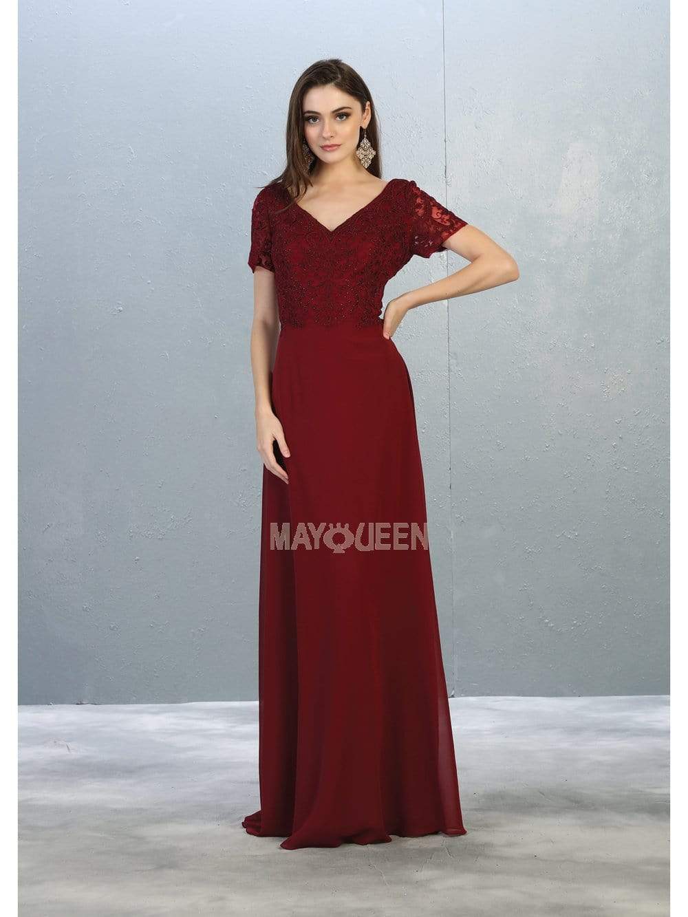 May Queen - MQ1782 Short Sleeve Appliqued V-Neck Long Dress Evening Dresses M / Burgundy