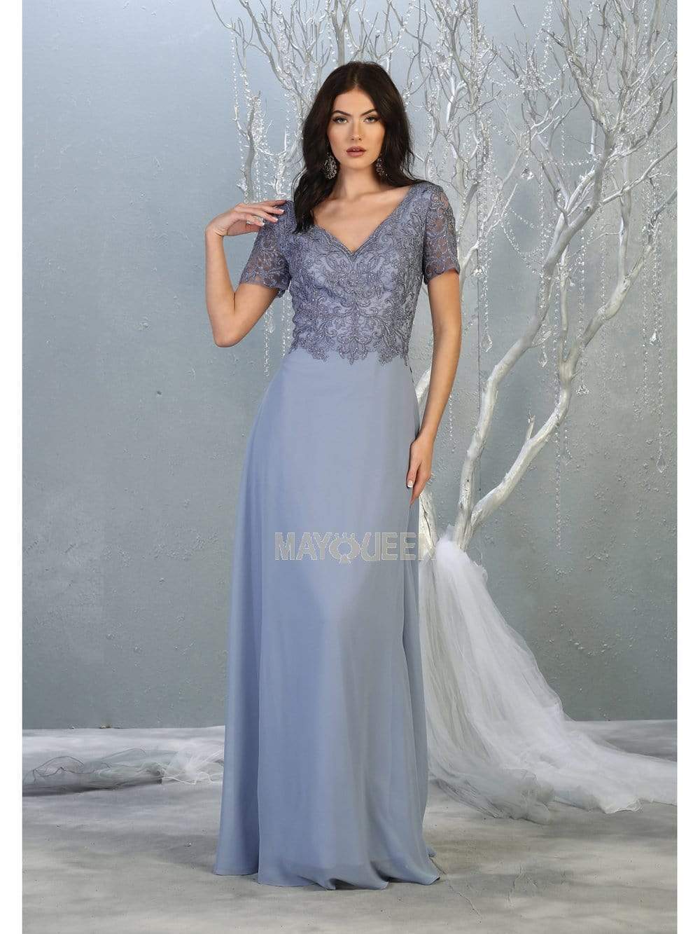 May Queen - MQ1782 Short Sleeve Appliqued V-Neck Long Dress Evening Dresses M / Dusty Blue
