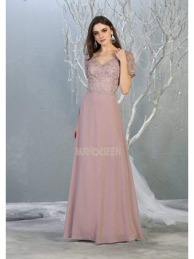 May Queen - MQ1782 Short Sleeve Appliqued V-Neck Long Dress Evening Dresses M / Mauve