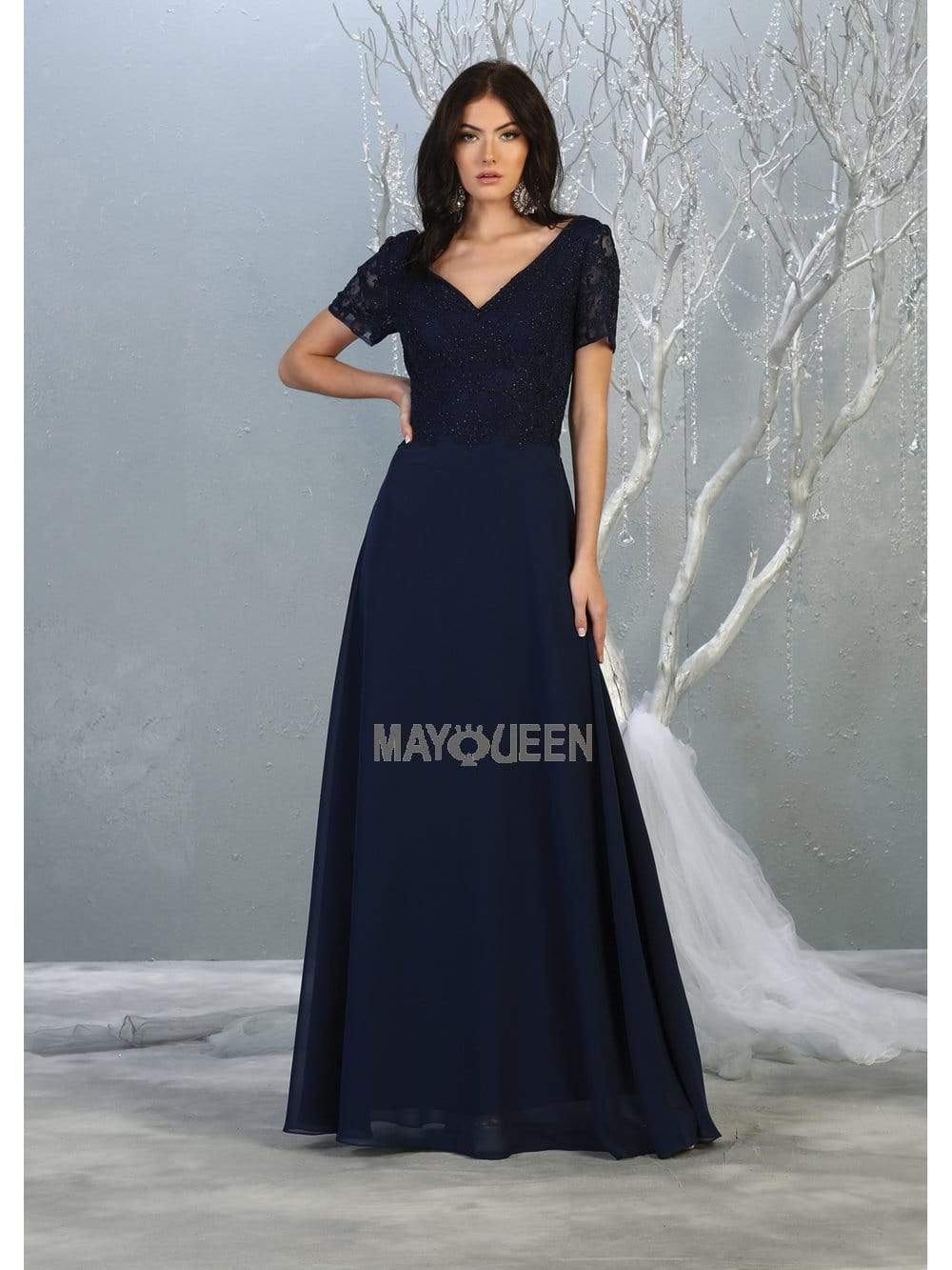May Queen - MQ1782 Short Sleeve Appliqued V-Neck Long Dress Evening Dresses M / Navy