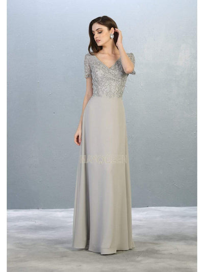 May Queen - MQ1782 Short Sleeve Appliqued V-Neck Long Dress Evening Dresses M / Silver