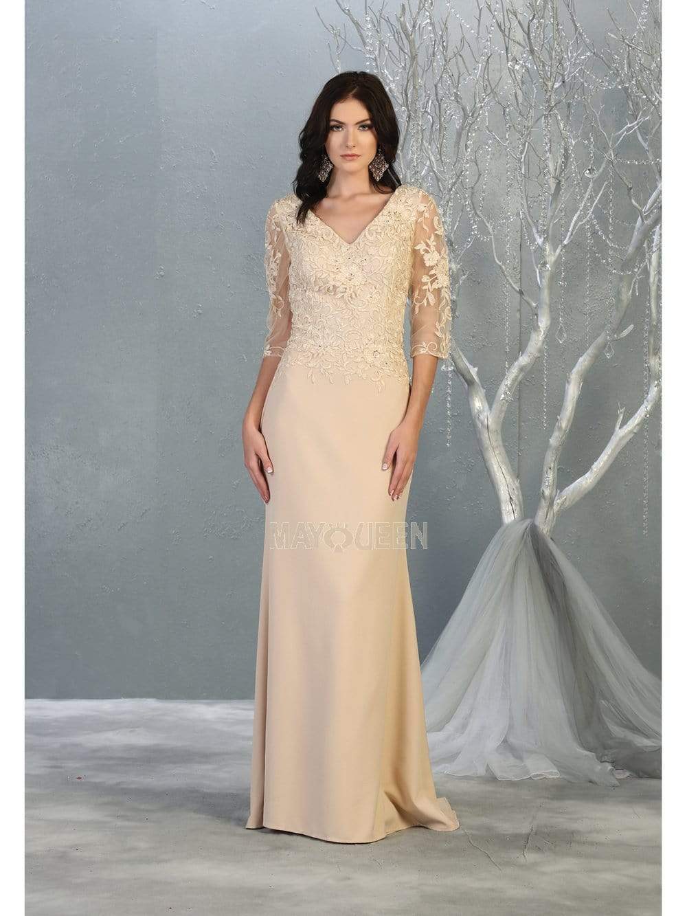 May Queen - MQ1783 Quarter Sleeve Lace Appliqued Trumpet Dress Evening Dresses M / Champagne