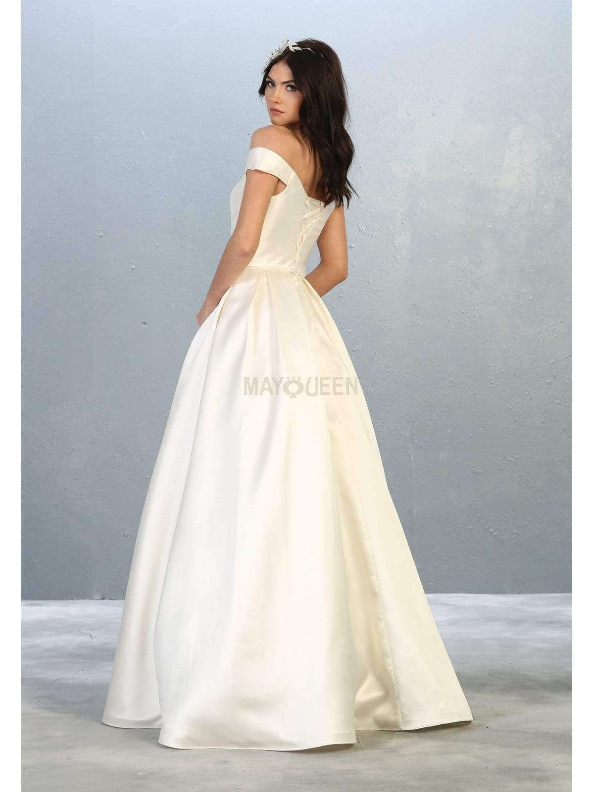 May Queen - MQ1784 Jewel-Trimmed Off Shoulder A-Line Dress Prom Dresses