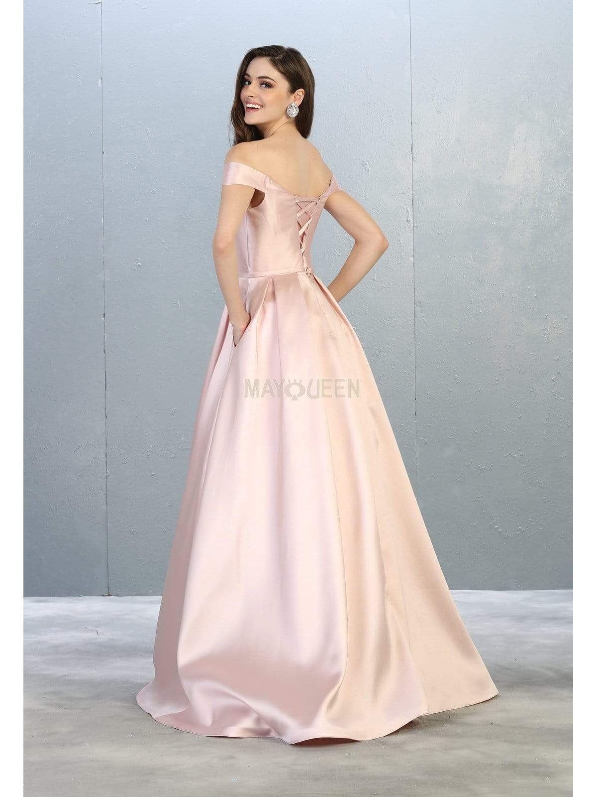 May Queen - MQ1784 Jewel-Trimmed Off Shoulder A-Line Dress Prom Dresses