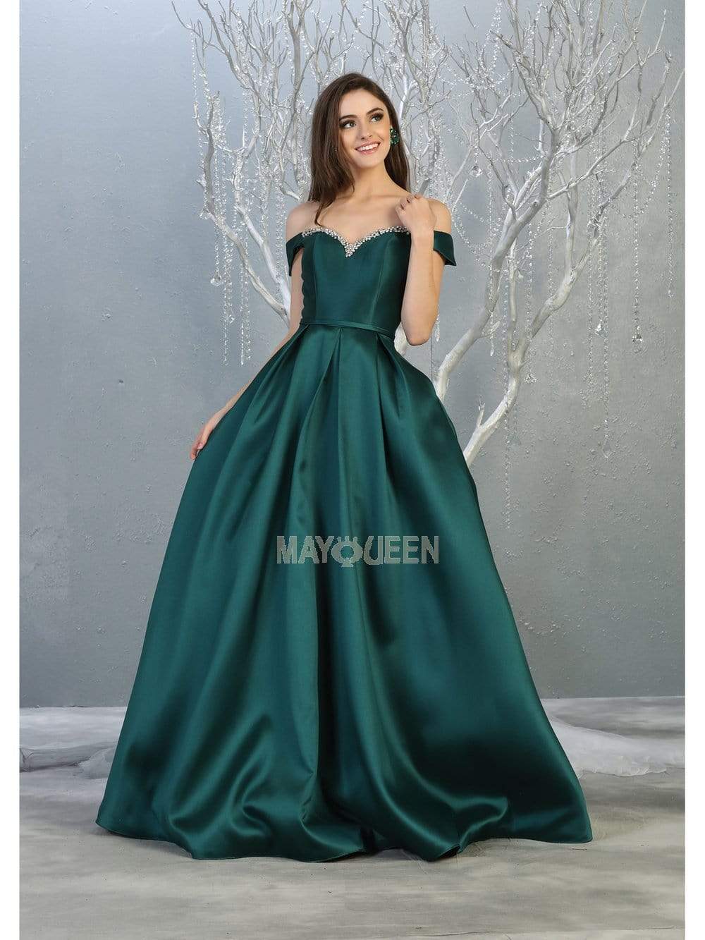 May Queen - MQ1784 Jewel-Trimmed Off Shoulder A-Line Dress Prom Dresses 4 / Hunter Green