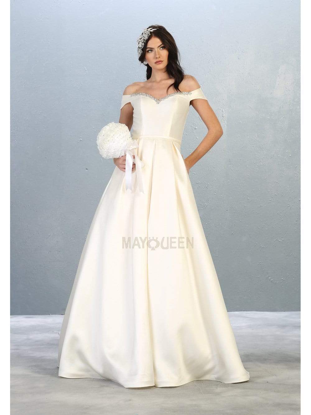 May Queen - MQ1784 Jewel-Trimmed Off Shoulder A-Line Dress Prom Dresses 4 / Ivory