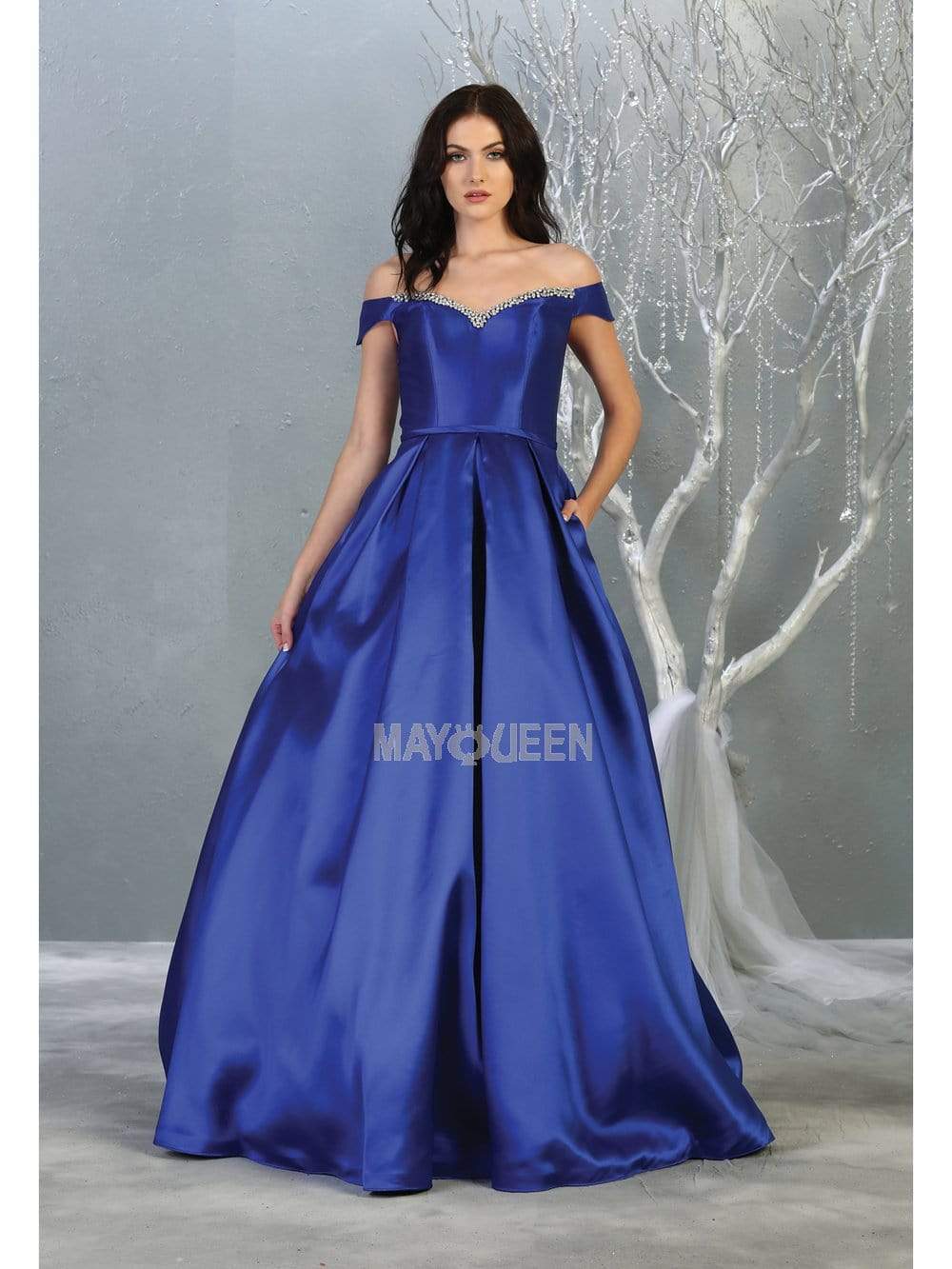 May Queen - MQ1784 Jewel-Trimmed Off Shoulder A-Line Dress Prom Dresses 4 / Royal