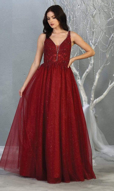 May Queen - MQ1786 Embroidered Applique Illusion A-Line Dress Prom Dresses 4 / Burgundy