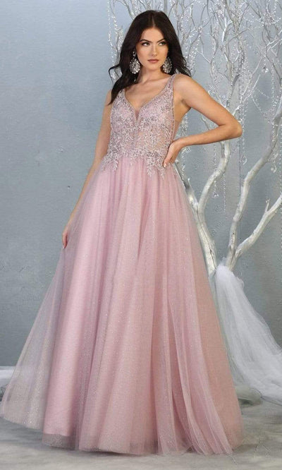 May Queen - MQ1786 Embroidered Applique Illusion A-Line Dress Prom Dresses 4 / Mauve
