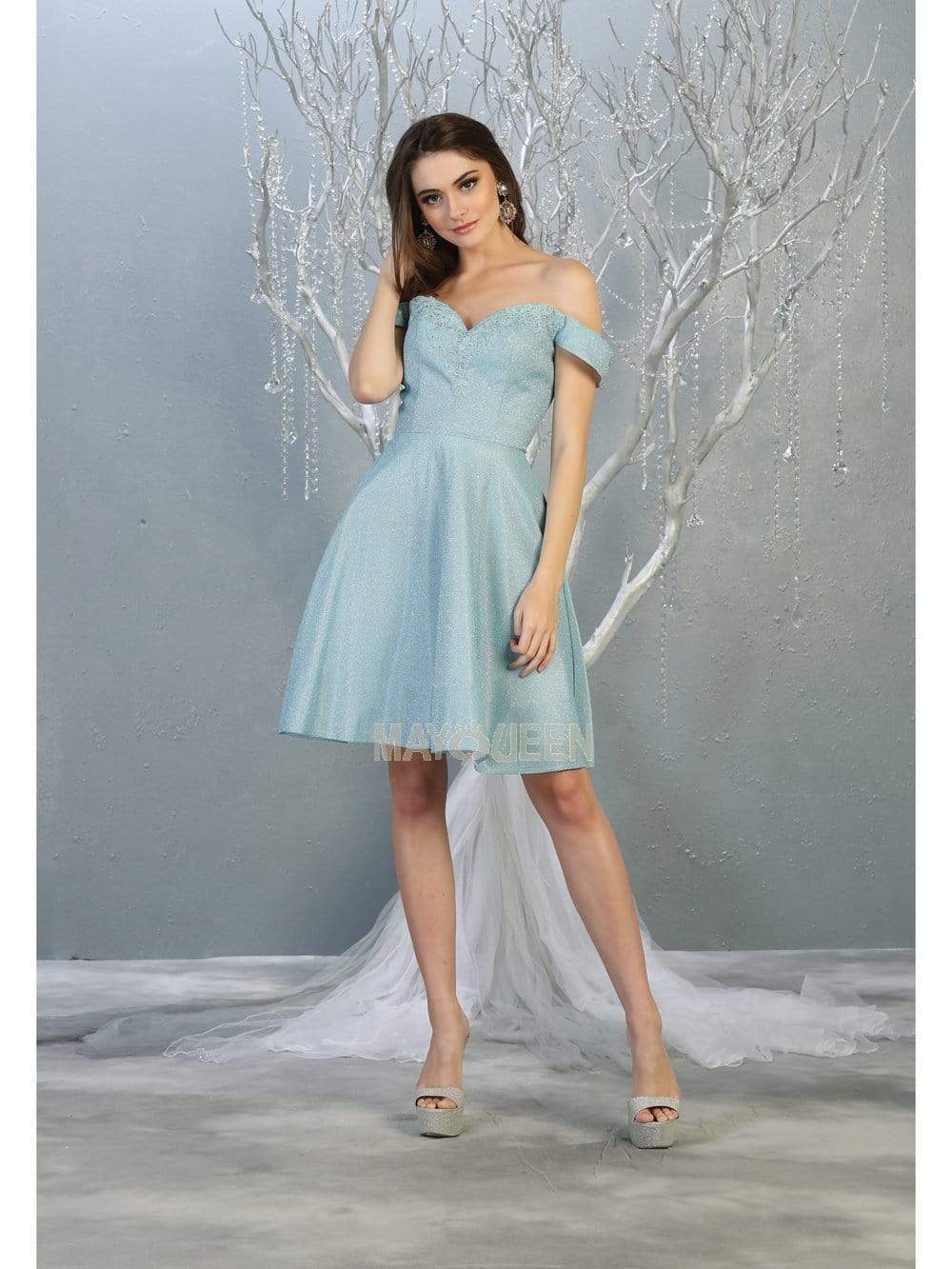 May Queen - MQ1788 Embroidered Off-Shoulder A-line Dress Homecoming Dresses 2 / Baby-Blue