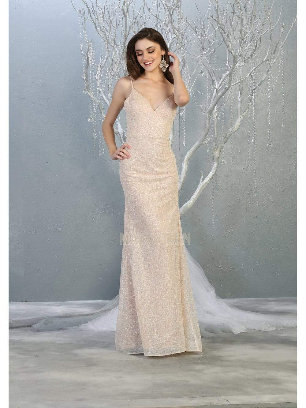 May Queen - MQ1789 Plunging V-neck Trumpet Dress Prom Dresses 4 / Champagne