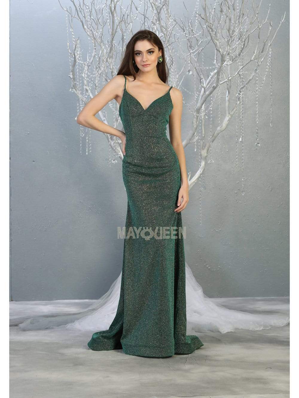 May Queen - MQ1789 Plunging V-neck Trumpet Dress Prom Dresses 4 / Hunter-Grn