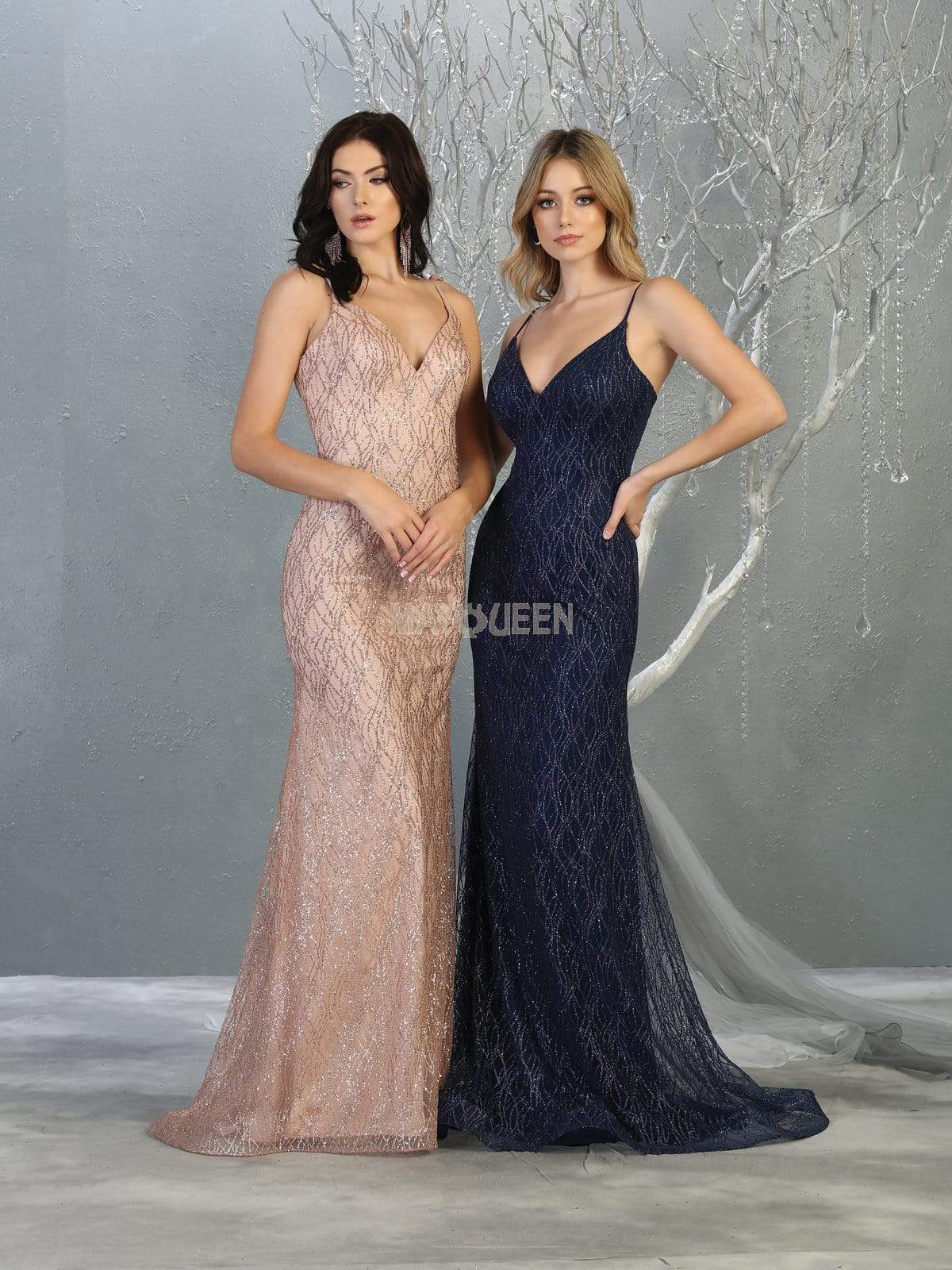 May Queen - MQ1790 Embellished Plunging V-neck Trumpet Dress Prom Dresses