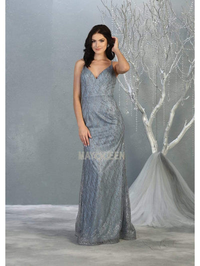 May Queen - MQ1790 Embellished Plunging V-neck Trumpet Dress Prom Dresses 4 / Dusty-Blue