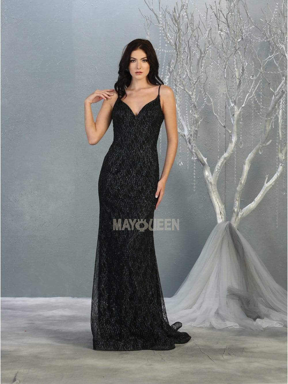 May Queen - MQ1790 Embellished Plunging V-neck Trumpet Dress Prom Dresses 4 / Huntergreen/Multi
