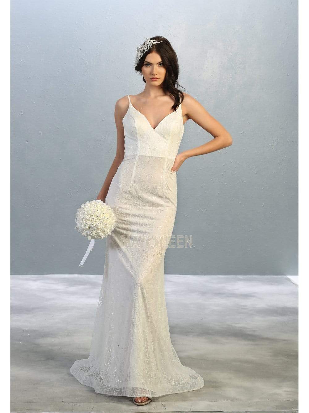 May Queen - MQ1790 Embellished Plunging V-neck Trumpet Dress Prom Dresses 4 / Ivory