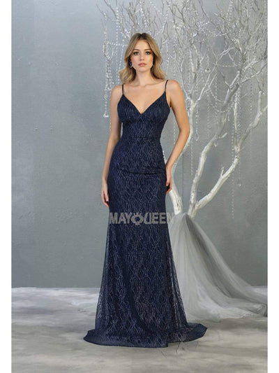 May Queen - MQ1790 Embellished Plunging V-neck Trumpet Dress Prom Dresses 4 / Navy