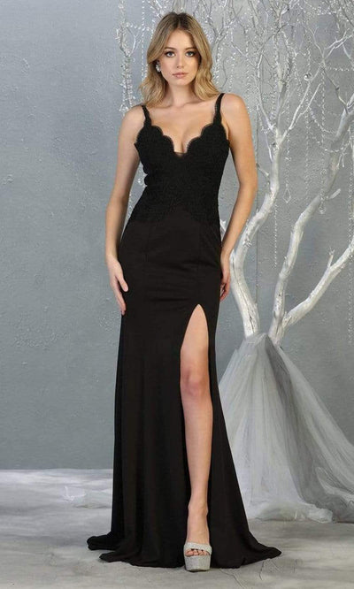 May Queen - MQ1792SC Scalloped V Neck Sheath Slit Gown In Black