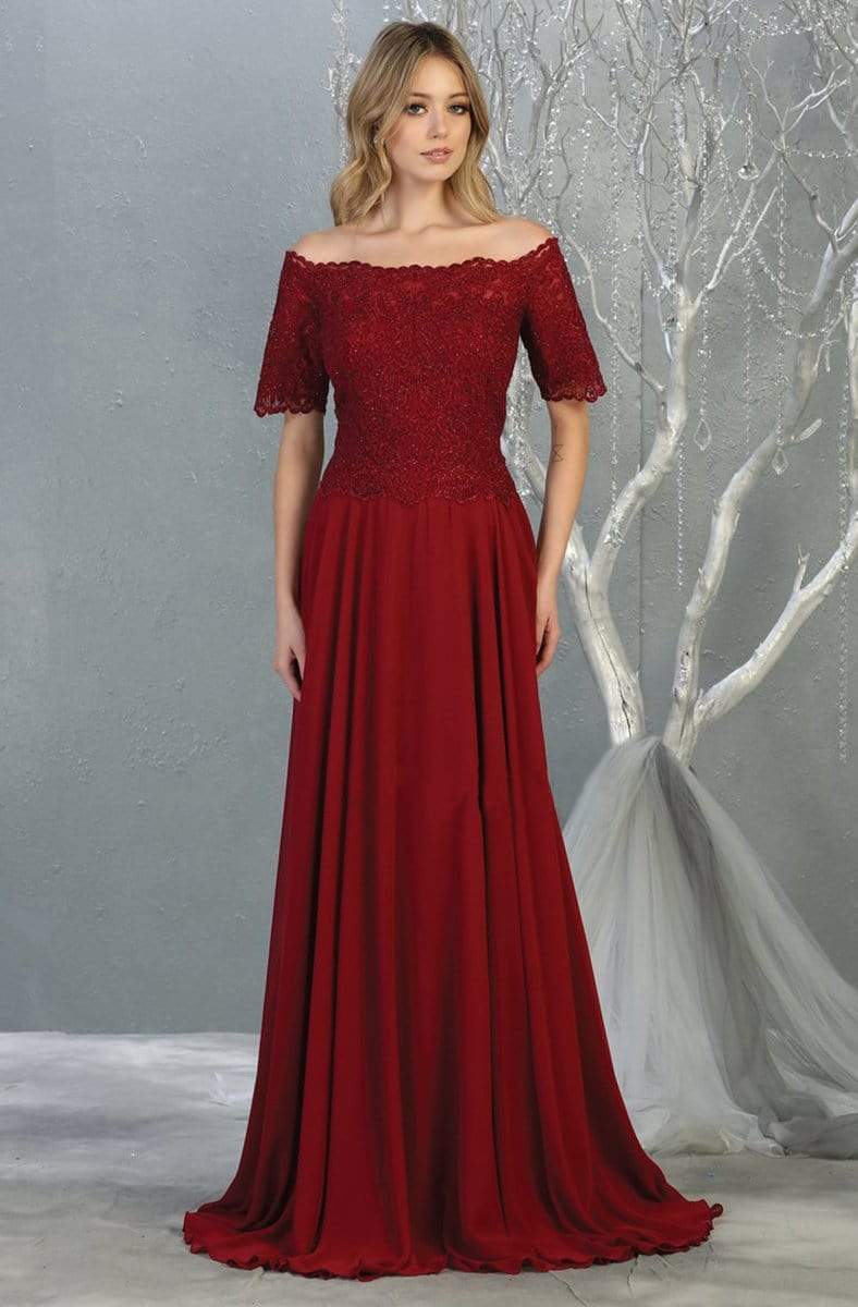 May Queen - MQ1793 Embroidered Off-Shoulder A-line Dress Evening Dresses M / Burgundy