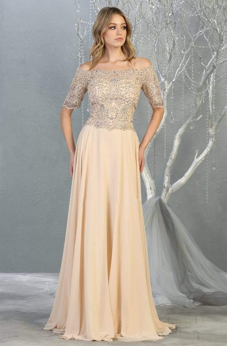 May Queen - MQ1793 Embroidered Off-Shoulder A-line Dress Evening Dresses M / Champagne
