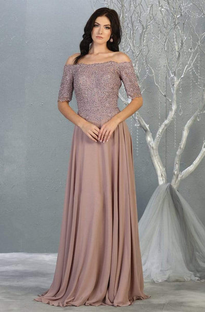 May Queen - MQ1793 Embroidered Off-Shoulder A-line Dress Evening Dresses M / Mauve