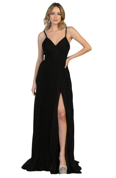 May Queen - MQ1795 Long V-Neck Pleated A-Line Dress Prom Dresses 4 / Black