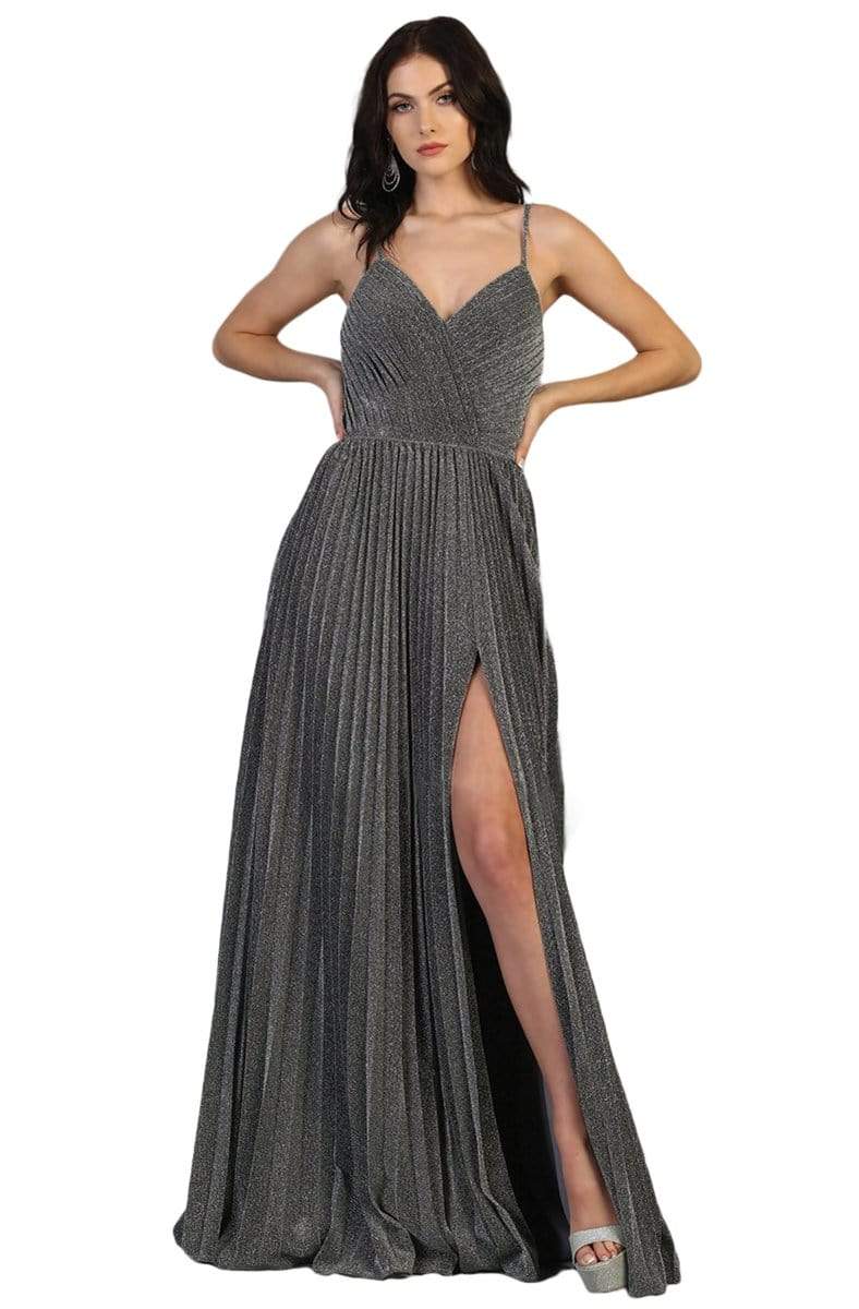 May Queen - MQ1795 Long V-Neck Pleated A-Line Dress Prom Dresses 4 / Charcoal Gray