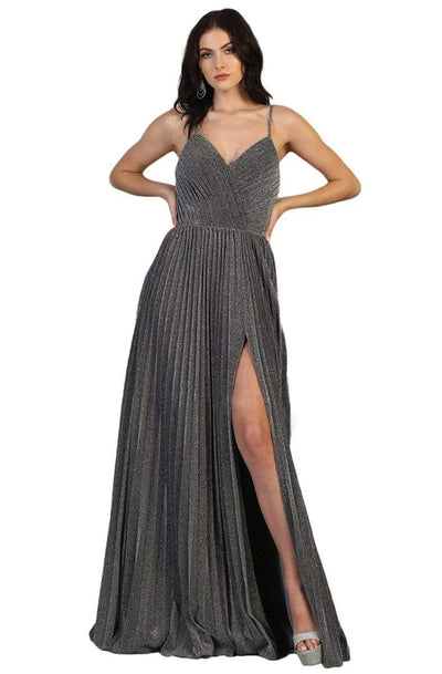 May Queen - MQ1795 Long V-Neck Pleated A-Line Dress Prom Dresses 4 / Charcoal Gray