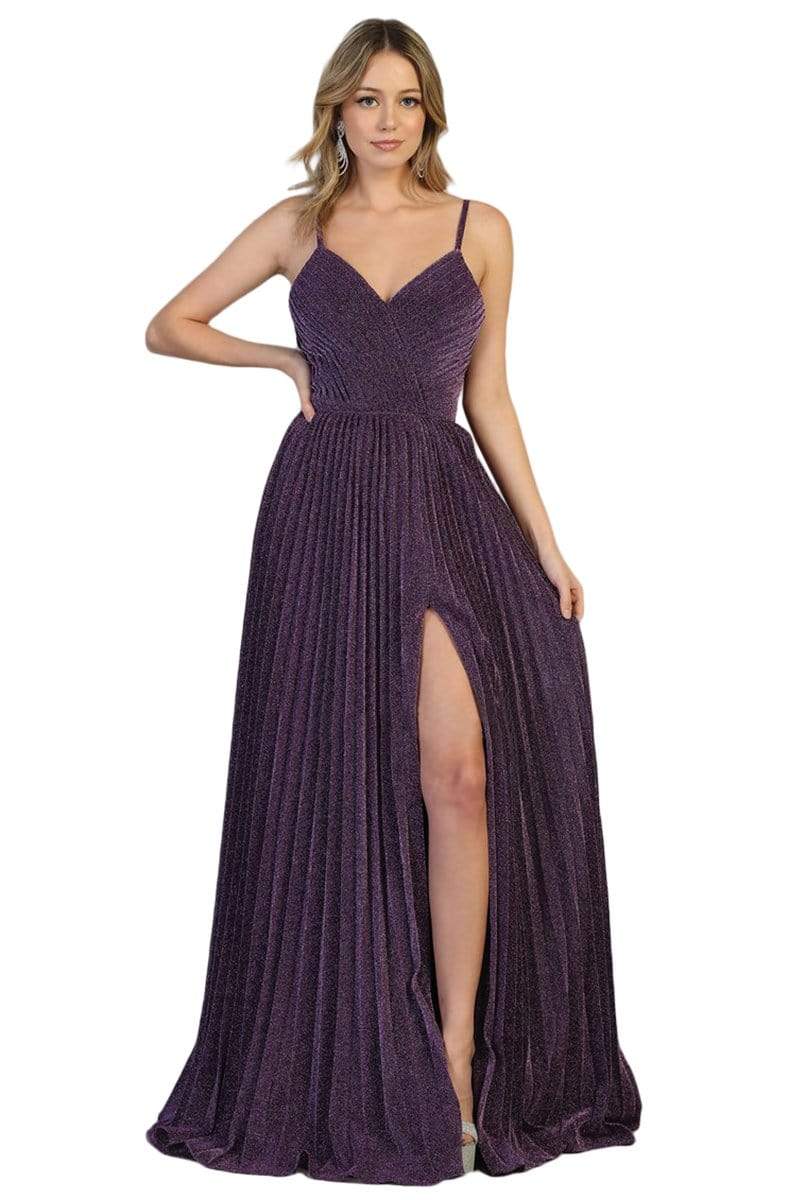 May Queen - MQ1795 Long V-Neck Pleated A-Line Dress Prom Dresses 4 / Eggplant