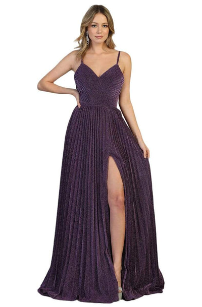 May Queen - MQ1795 Long V-Neck Pleated A-Line Dress Prom Dresses 4 / Eggplant