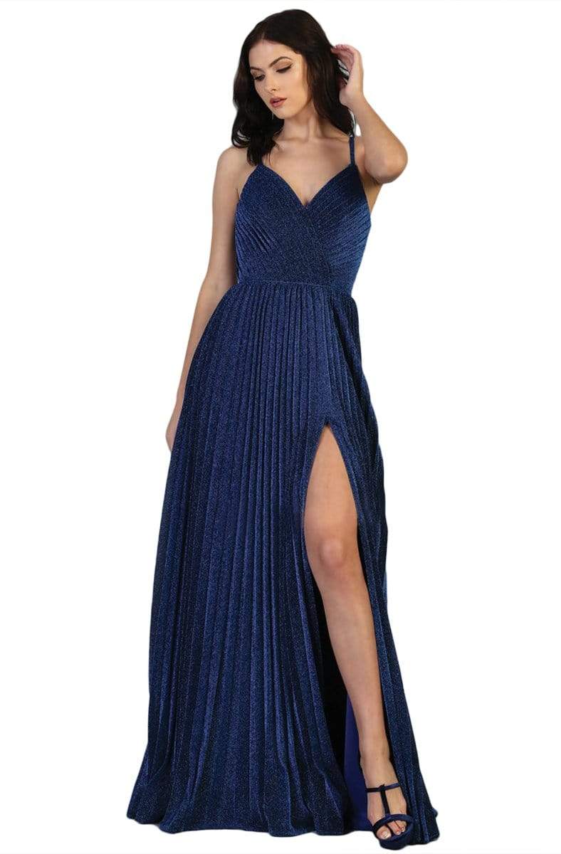 May Queen - MQ1795 Long V-Neck Pleated A-Line Dress Prom Dresses 4 / Navy