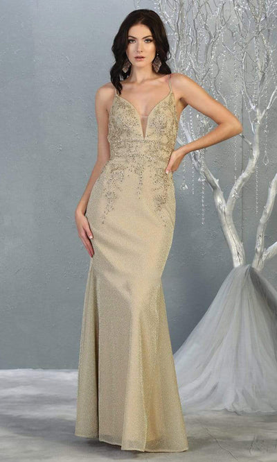 May Queen - MQ1796SC V Neck Bedazzled Sheath Evening Gown In Gold and Neutral