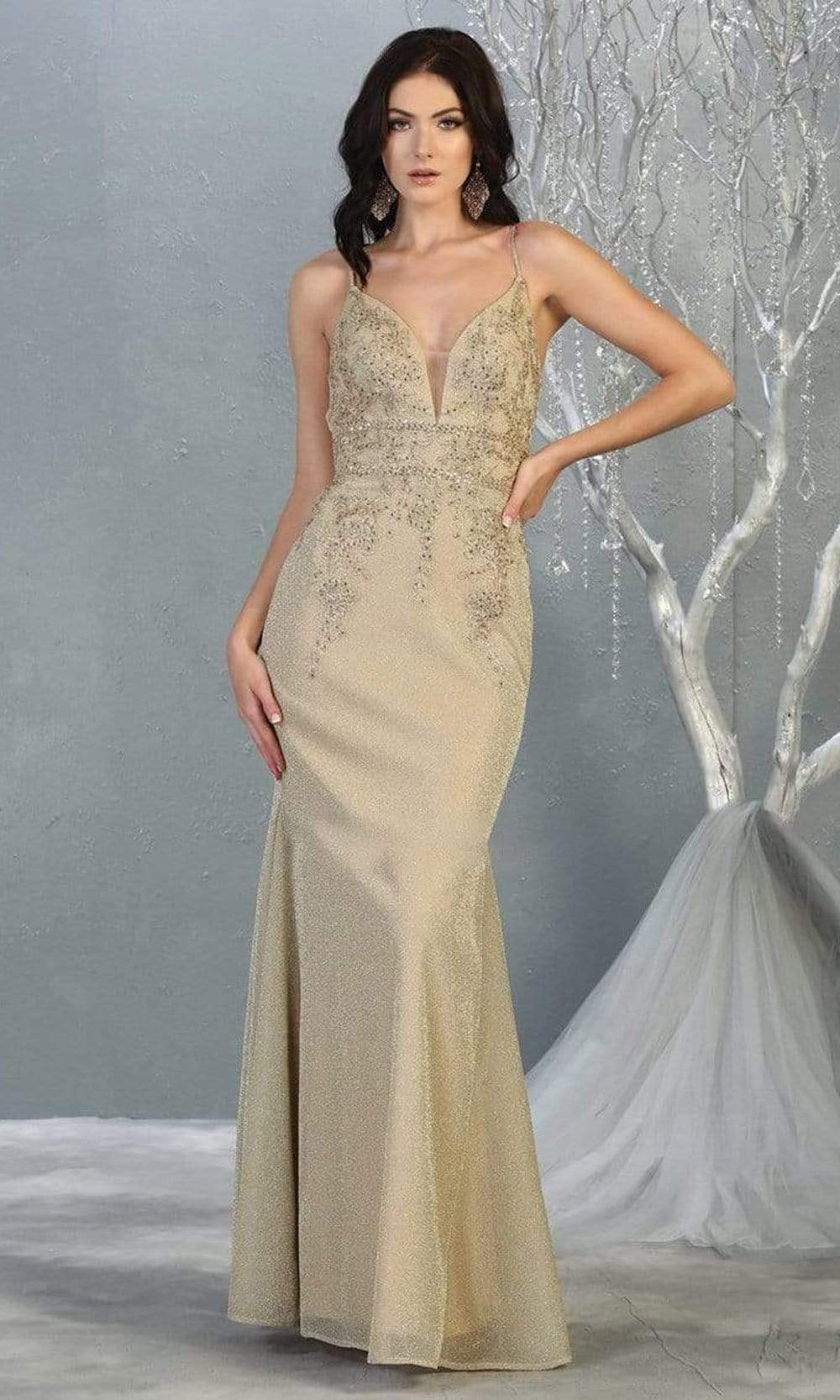 May Queen - MQ1796 Lace Applique-Ornate Trumpet Dress Evening Dresses 4 / Champagne/Gold